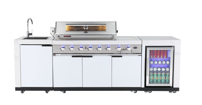 Rockpool White 6B + 118L Kegerator : Designer Outdoor Kitchen BBQ Package Inc Wok Burner, Fridge, Sink, Rotisserie & BBQ Covers.