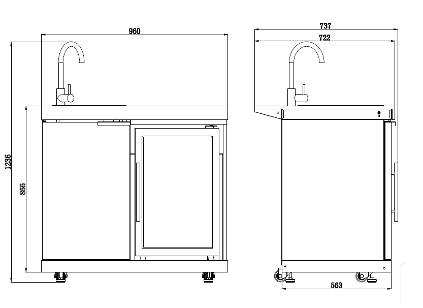 Sink & Fridge Combo Module Suits Rockpool Black BBQ Kitchen Package Inc Stone Finishes, Aluminum Powder coated Cabinets, Tap, Waste, Hose, Castor Wheels
