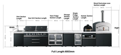 Element Twin Hood 8 Burner Outdoor BBQ Kitchen: High Grade 304 SS + White Stone