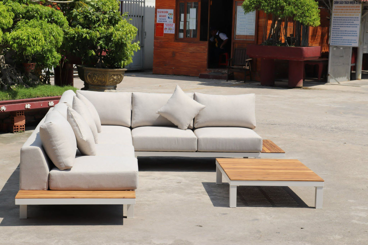 ARI Ralph White Hampton Corner Set - Outdoor Aluminium & Acacia Modular Corner Lounge White Aluminium with White Fabric