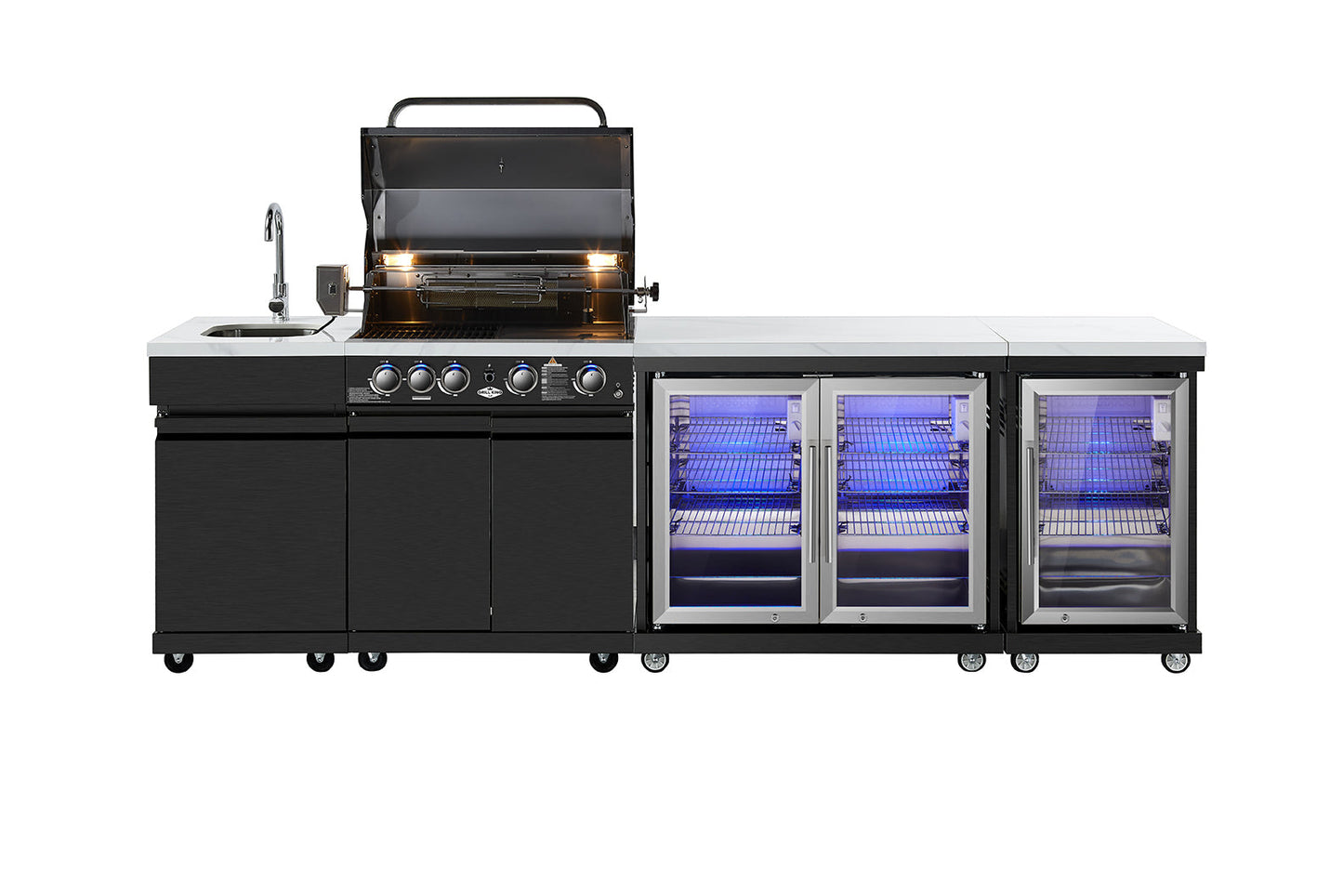 Grill King Element 4B High Grade 304 SS Outdoor BBQ Kitchen + White Stone Bench, Fridge & Sink