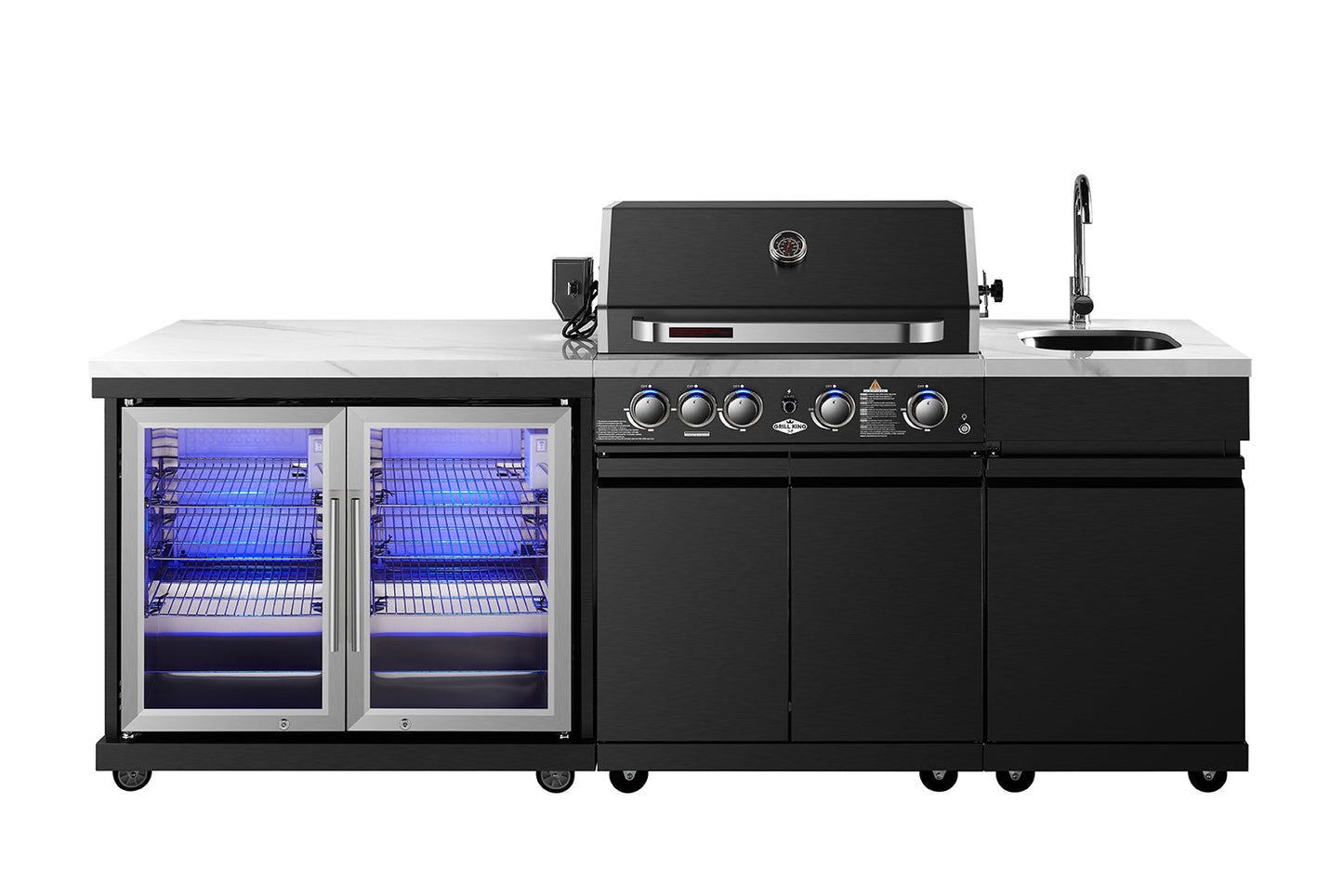 Grill King Element 4B High Grade 304 SS Outdoor BBQ Kitchen + White Stone Bench, Fridge & Sink